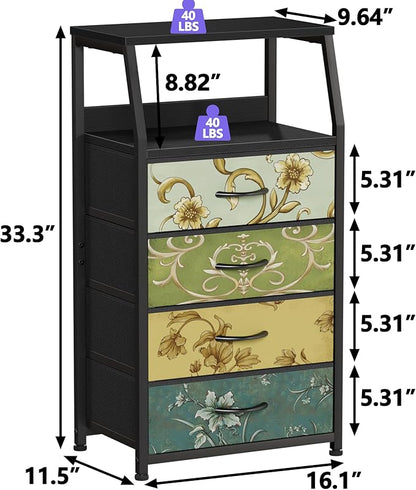 Furnulem Retro Dresser for Bedroom, Small Dresser for Closet, Vintage Nightstand with 4 Drawers, Fabric Storage Organizer Bedside Table Side Furniture, Metal Frame, Wood Top