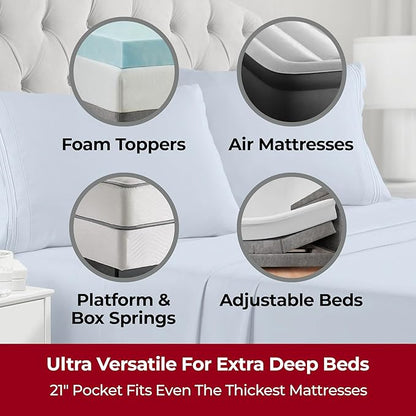 Mellanni Extra Deep Split King Sheets - 5 PC Iconic Collection Bedding - Luxury, Ultra Soft, Cooling Bed Sheets - Wrinkle, Fade, Stain Resistant (Split King, Blue Hydrangea)