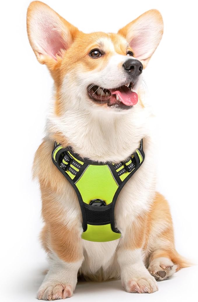 Eagloo Dog Harness Medium Sized Dog, No Pull Service Vest with Reflective Strips and Control Handle, Adjustable and Comfortable for Walking, No Choke Pet Harness with 2 Metal Rings, Green, M-Mewly Pet