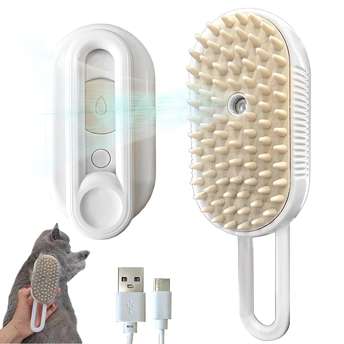 Cat Steam Brushes for Shedding, 4 in 1 Rechargeable Steam Cat Brush for Indoor Cats & Dogs, Grooming Comb with Spray-Mewly Pet