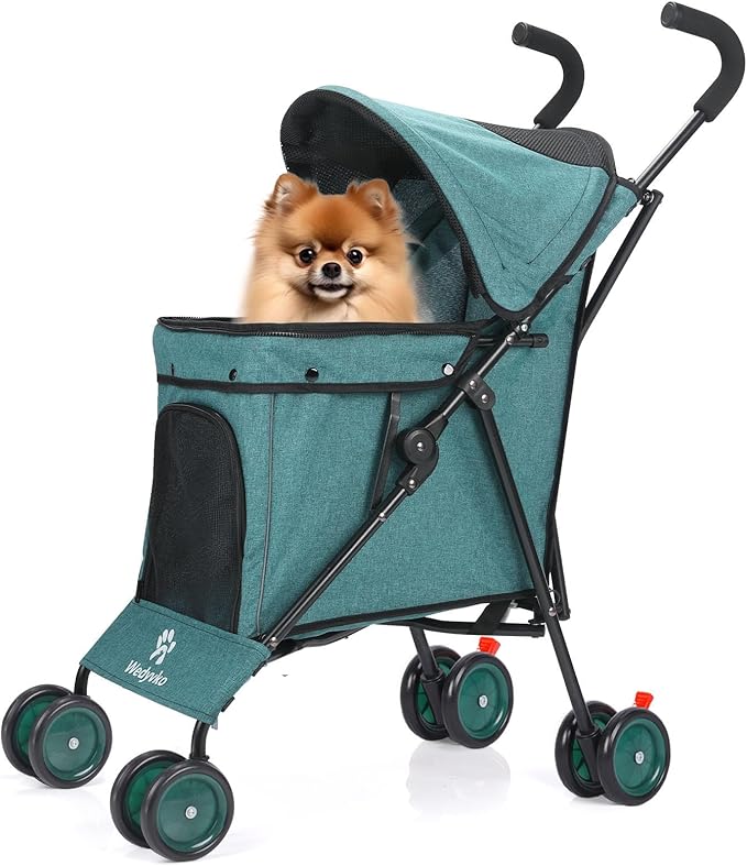 Umbrella Dog Stroller, 4 Wheels Pet Strolling, Foldable Carrier Pet Stroller for Small Dogs Cats, with Carrying Strap and Cup Holder, Dog Poop Bags & Dispenser, Up to 33 lbs, Dark Green-Mewly Pet