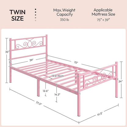 Yaheetech Twin Bed Frames Metal Platform Bed with Headboard and Footboard No Box Spring Needed Easy Assembly,Under-Bed Space: 12.6''/Pink/Twin Bed