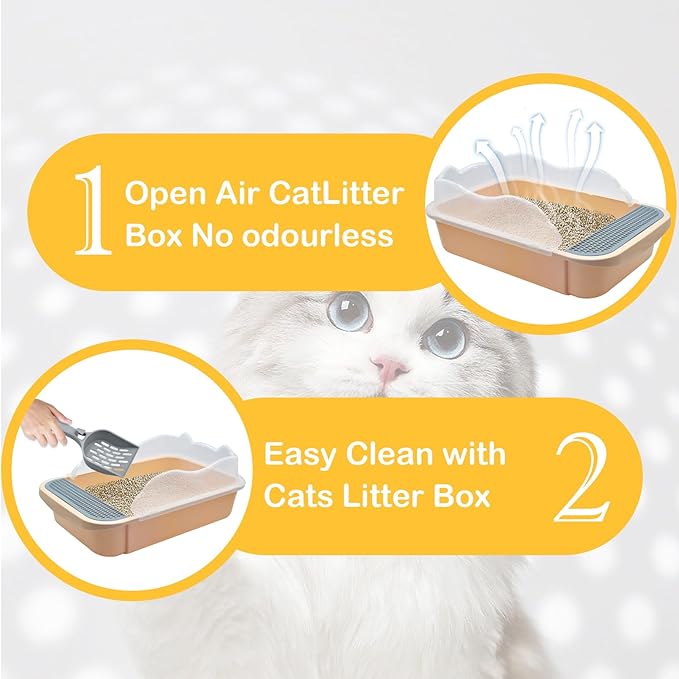 Open Cat Litter Box with High Side,Anti-Splashing Cats Litters Pan,Kitten Toilet with Litter Sifting Scoop,Semi-Enclosed Removable Kittens Litter for Boxes Easy to Clean No Odork(Khaki)-Mewly Pet