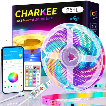 CHARKEE 25ft LED Strip Lights USB-Powered, Color Changing RGB LED Strip Lights for Bedroom/TV Backlight/Gaming Lighting, Music Sync SMD 5050 Flexible LED Lights with Remote/APP Control