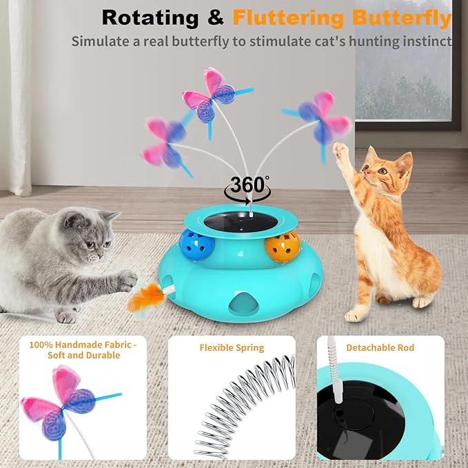 Interactive Cat Toys for Indoor Cats, 3in1 Pet Teaser Toy with Ambush Feather Wand, Fluttering Butterfly and Track Balls, Touch Activated Automatic Kitten Rechargeable Toys-Mewly Pet
