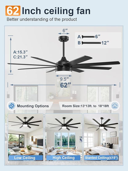 YUHAO 62 Inch Black Ceiling Fan with Light and Remote Control.Noiseless,Dimmable,3CCT,6 Speeds Reversible, DC Ceiling Fans for Indoor or Covered Outdoor