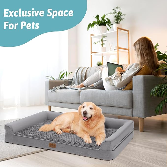 Orthopedic Dog Bed for Large Dog, XL Pet Couch for Extra Large Dog, Big Supportive Foam Bolster Sofa with Waterproof Lining Cover, Anti-Slip, Comfort, Washable, 42x30x7.5 in, U Shape, Grey-Mewly Pet