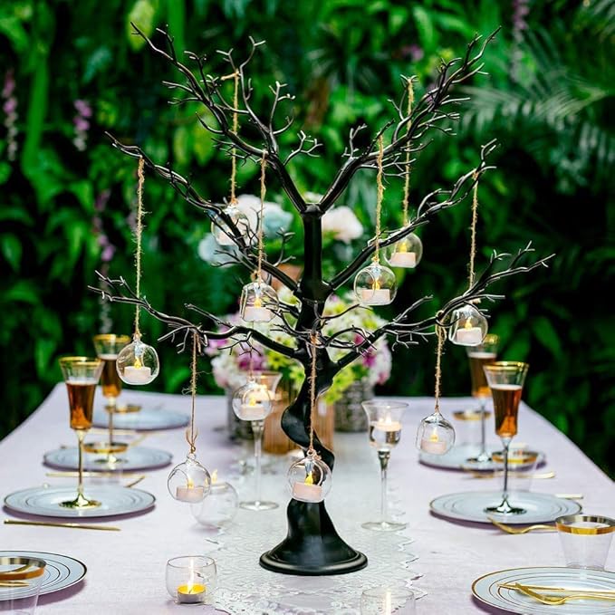Sziqiqi Hanging Glass Globes Orbs Tea Light Candle Holders with Flameless LED Tealight for Wedding Ornaments, Wedding Birthday Christmas Party Centerpiece Accessory 2.36inch 30pcs +6 Extra