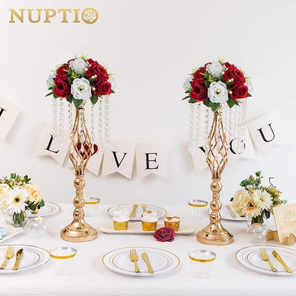 NUPTIO Artificial Flower Centrepieces for Tables - 6 Pcs Crimson & White Fake Flowers Roses Balls 9.5in Diameter - Silk Faux Rose Arrangement for Wedding Party Centerpiece Table Decorations