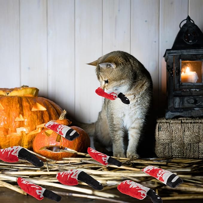 8pcs Catnip Toy, Indoor Knife Shaped Cat Toy Horror Plush Interactive Chew Bite Toys for Halloween Christmas Cat Kitten Indoor Festive Holiday Cat Lover Gift-Mewly Pet