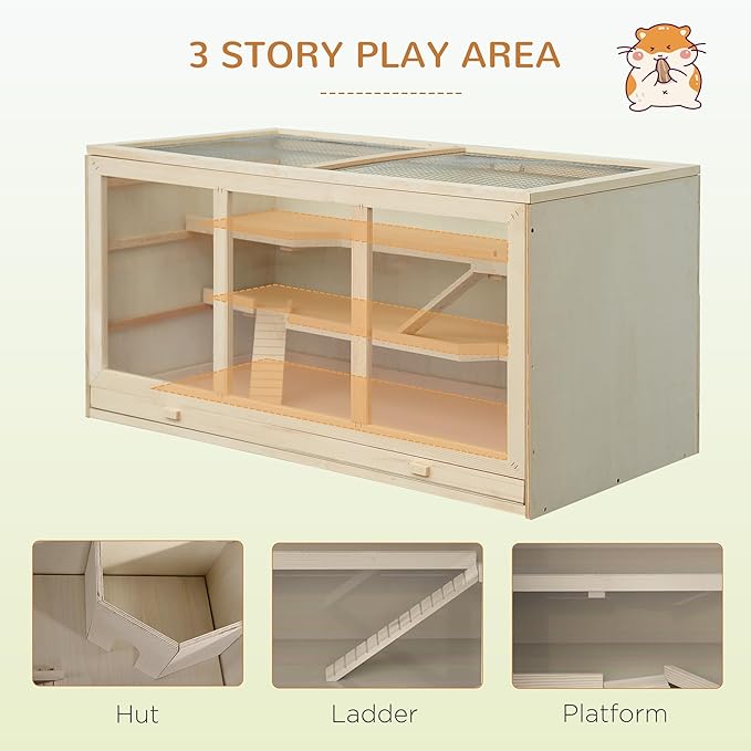 PawHut 45" Extra Large Wooden Hamster Cage, 3-Layer Chewproof Rat Cage with Opening Roof, Hut, Ramps, for Gerbil, Dwarf & Syrian Hamsters, Natural-Mewly Pet