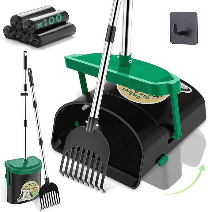 UPSKY Dog Pooper Scooper Swivel Bin & Rake Kit with 100 Waste Bags,33.4" Stainless Steel Long Handle Heavy Duty Pet Poop Shovel for Large Medium Small Dogs, Odor-Proof Lid for Yard/Lawn/Outdoor Use-Mewly Pet