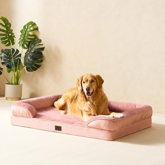 EHEYCIGA Orthopedic Dog Beds for Large Dogs, Waterproof Memory Foam Large Dog Bed with Sides, Non-Slip Bottom and Egg-Crate Foam Pet Couch Bed with Washable Removable Cover, Dusty Pink-Mewly Pet