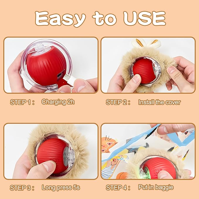 Rocfish Interactive Cat Toys Ball - Automatic Fast Rolling Ball in Play Mat, Hide and Seek Mouse Catching Game, Low-Noise Cat Enrichment Toys in Pouch for Indoor Bored Cats (Red Toy & Square Mat)-Mewly Pet