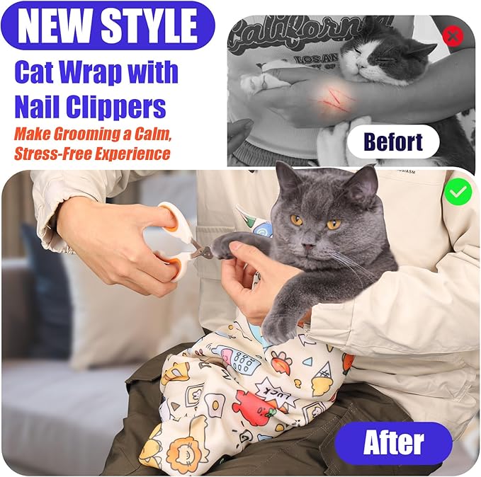 XANGNIER Cat Grooming Wrap with Cat Nail Clippers -Self-Adhesive Cat Swaddle for Nail Clipping, Anti-Scratch & Anti-Escape Cat Restraint for Calm, Safe & Easy Nail Trimming-Mewly Pet