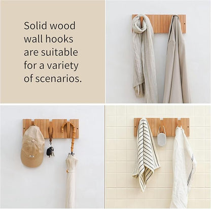 Coat & Hat Hooks Wall Mount with Key Holder, Wall Mounted Coat Rack with 9 Retractable Hangers, Solid Wood Slim Key Holder for Entryway, 17in Natural Finish