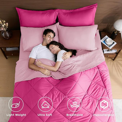 HEVUMYI Hot Pink & Baby Pink King Comforter Set - 7-Piece All Season Bed in a Bag King, Ultra Soft Bedding Set with Comforter, Flat Sheet, Fitted Sheet, Pillowcases, Pillow Shams