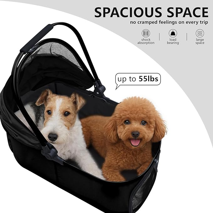Dog Cat Stroller, Foldable 4 Wheels Dog Stroller for Small Medium Dogs 20 lbs,Pet Strollers for Large Dogs 50lbs, Stable Anti-Shock Detachble Carrier,with 360°Swiveling Front Wheel forTravel-Mewly Pet