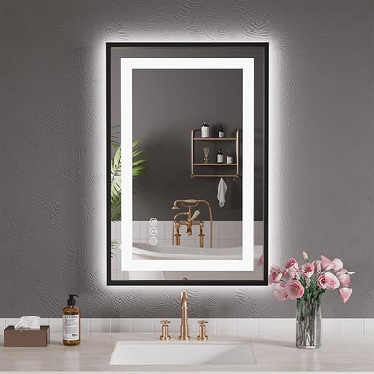 LED Bathroom Mirror,20"x28" Led Mirror with Black Frame, Front Light and Backlit, Stepless Dimmable, Anti-Fog, Shatter-Proof, Memory, 3 Colors, Double LED Vanity Mirror