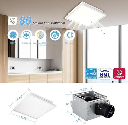 Tech Drive Bathroom Exhaust Fan with Light, 80 CFM, Super Quiet 1.5 Sone Bathroom Fan with Light, 1000lm Dimmable 3CCT LED Light 3000K/4000K/5000K Selectable, Energy Star Ventilation Fan, White