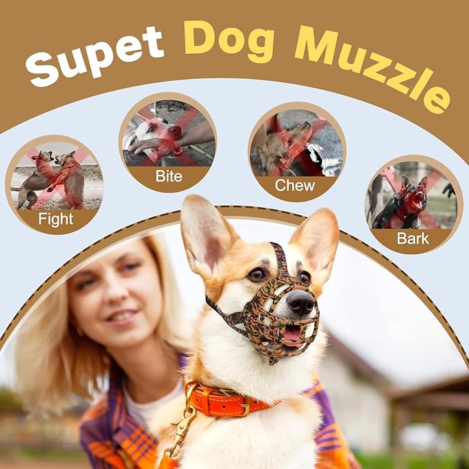 Basket Muzzle to Prevent Biting, Dog Muzzle for Large Medium Small Dogs Allows Panting Drinking Anti Chewing, Perfect for Grooming Trimming Training and Aggressive Reactive Dogs (Brown, Size 5)-Mewly Pet