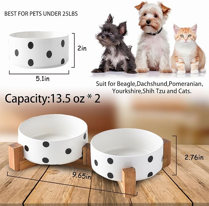 Petygooing Ceramic Dog Bowl Set with Stand,Cat Pet Food and Water Dishes,Small Dog Bowls Anti -Slip Set of 2 Cat Bowls Pet Food Dish Small Size Pet (13.5OZ/5.1 in) Black Dot-Mewly Pet