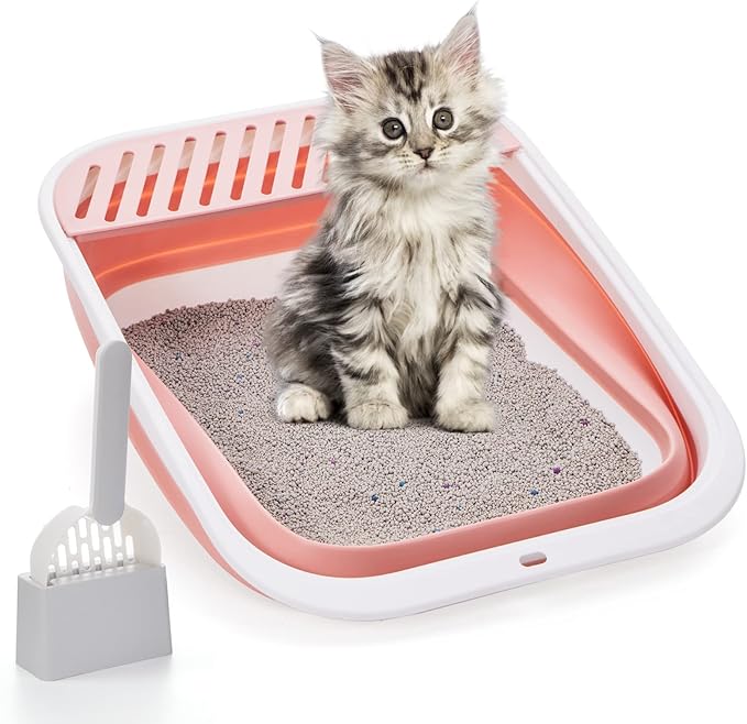 Open Top Cat Litter Box, Large Foldable Cat Potty Height-Adjustable Sides Anti-Splash, Open Air Kitty Litter Pan No Smell, Cat Toilet Easy Clean with Cat Litter Scoop (Pink)-Mewly Pet