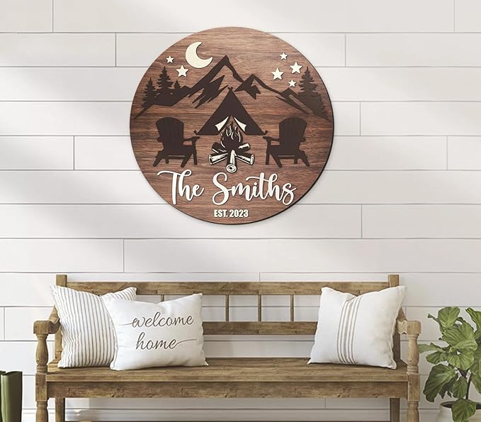 Custom Camping Family Name Sign, Happy Camper Sign, Adventure Life Wooden Sign, Woodland Outdoor Hanger Sign, Camping Decorations, Campfire Party Sign, Family Camp Sign