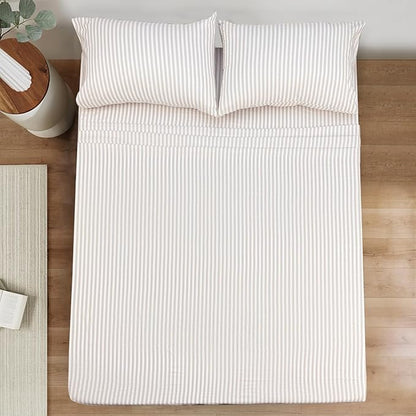 Mejoroom Striped Queen Size Sheet Set - Hotel Luxury 1800 Bedding Sheets & Pillowcases - Deep Pocket Fitted Sheet, Soft, Breathable, Wrinkle & Fade Resistant - 4 Piece (Beige Stripe)