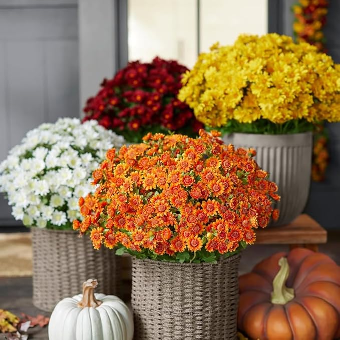 Artificial Mums for Outdoors, Faux Sunset Mum Flowers Planters for Indoor Outside Decor, Fake Look Real, Vibrant, UV Resistant, Waterproof, Windproof (Pink, 10 Bundle)