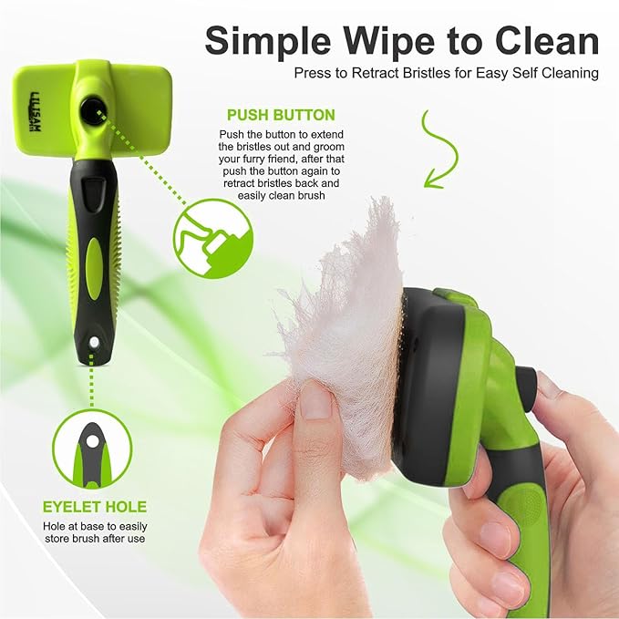 Pet Self Cleaning Slicker Brush and Grooming Comb - Gently Removes Loose Hair, Tangles, and Dirt - Skin Friendly Deshedding Grooming Tool for Hair Dogs & Cats - Pet Supplies Accessories (Green)-Mewly Pet