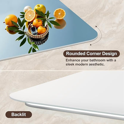 40‘’x30'' Lighted Mirrors for Bathroom Wall Backlit Rectangular Rounded Corners, LED Bathroom Mirror Frameless with Lights Anti Fog, Dimmable, 3 Colors,Tempered Glass, Shatter-Proof (Color 2)