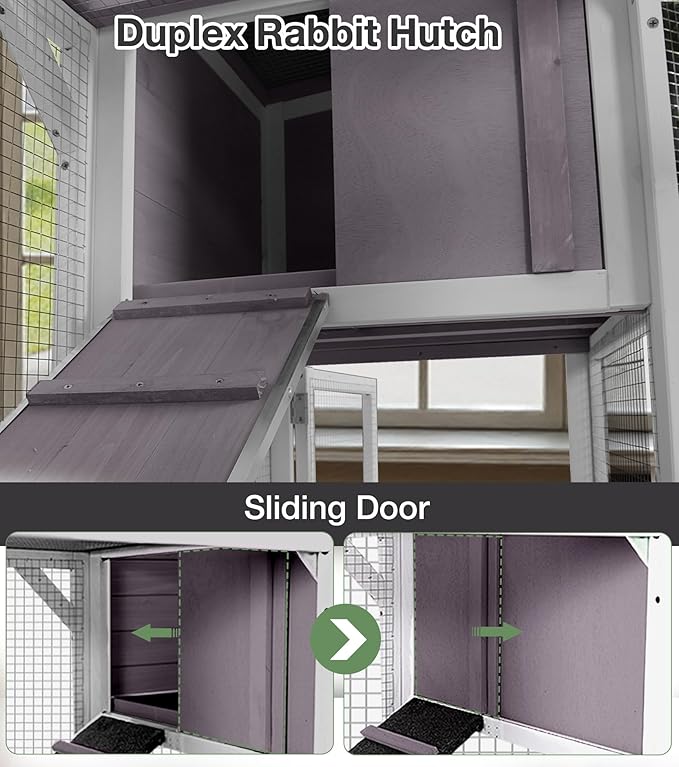 Rabbit Hutch 2-Story Wooden Bunny Cage with 2 Leak-Proof Sliding Trays, Chew-Proof Metal Mesh, Rainproof Cover, Indoor & Outdoor Guinea Pig House with Wheels - Grey-Mewly Pet