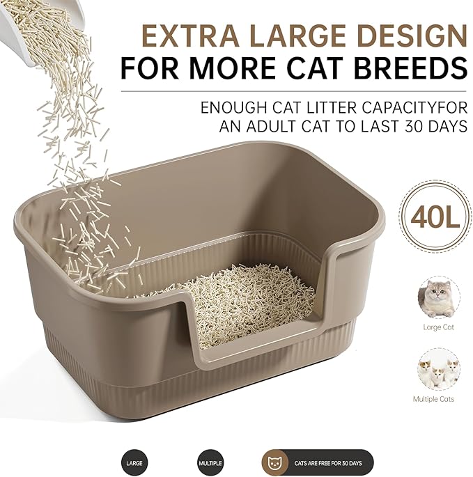 Cat Litter Box with Litter Mat and Scoop,High Wall Enclosed Cat Litter Boxes for Anti-Leakage, Covered Kitty Litter Box with Handle and Buckles for Portability and Privacy, Odor Control (Brown)-Mewly Pet