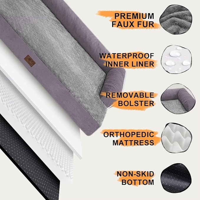 Large Dog Bed Orthopedic Washable, Orthopedic Dog Beds for Large Dogs with Washable Cover, Removable Bolster and Non-Slip Bottom Purple Pet Beds for XXXLarge Extra Large Dogs-Mewly Pet