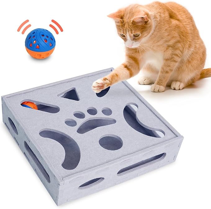 PETKARAY Felt Cat Puzzle Toy, Interactive Cat Toys for Indoor Cats, Interactive Maze for Kitten Felt Puzzle Box with Ball, Grey-Mewly Pet