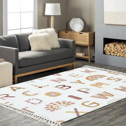 Boho Rug Rainbows Terracotta Colors Neutral Nursery Art Scandinavian Chic Area Washable Hallway Runner Meditation Mat Minimalist Home Decor for Living Room Bedroom Playroom Classroom, 4'x6