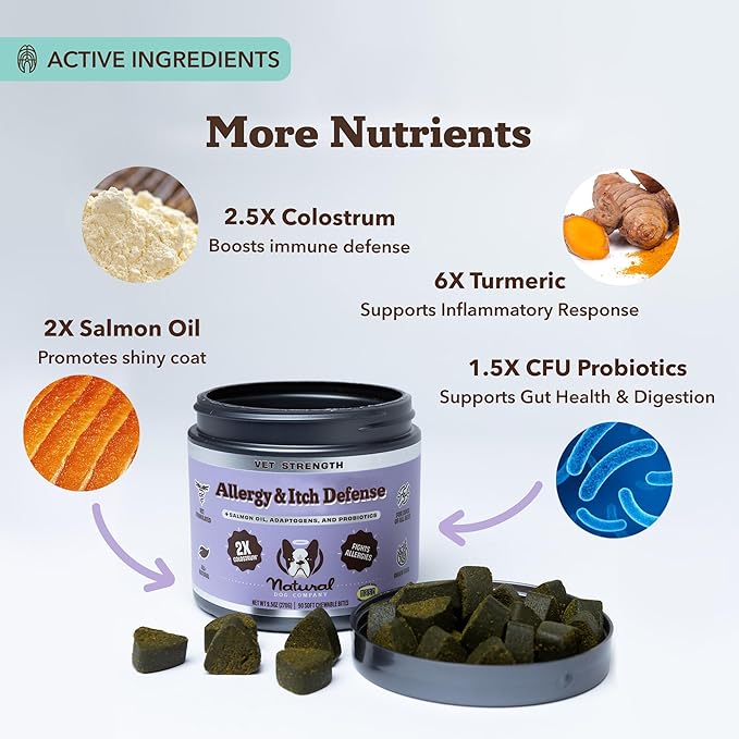 Natural Dog Company Aller Immune Chews 90 ct, Vet Strength High-Concentration Senior Dog Allergy Relief with 2.4X Colostrum, 2X Salmon Oil & 1.5X Probiotics, Supports Immune, Skin, Coat & Gut Health-Mewly Pet