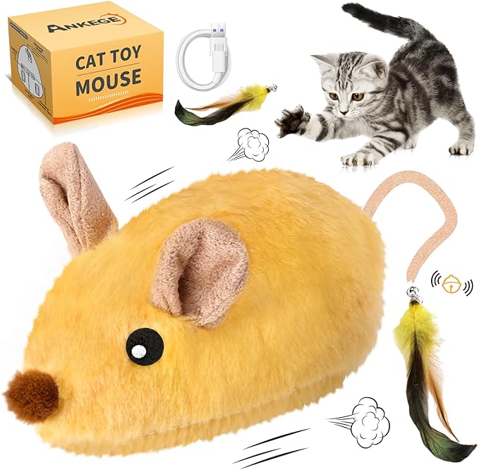 Interactive Cat Toys Mouse for Indoor Cats Rechargeable Cat Toy Mouse Toy Feather Bell Tail Lifelike Electric Automatic for All Breeds Boredom Exercise-Yellow-Mewly Pet