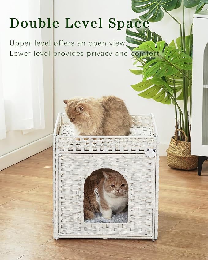 Cat Beds for Indoor Cats Extra Large Double Cat Cave Pet Cube, Handwoven Rattan Cat Houses with Double-Sided Soft Cushions, 18.5 x 20.5 x 19.1 Inches Foldable Hideaway in Living Room White-Mewly Pet