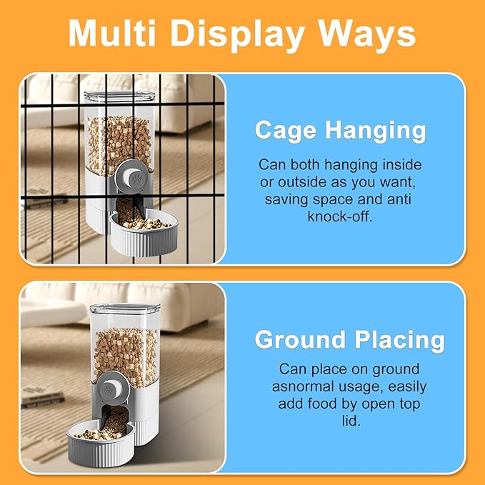 Auto Gravity Food Dispenser for Cage Hanging, 41OZ Capacity Hanging Automatic Pet Cage Feeder, Food Bowl for Cats Dogs Rabbit Ferret Chinchilla Bird Hedgehog Guinea Pig (Grey)-Mewly Pet
