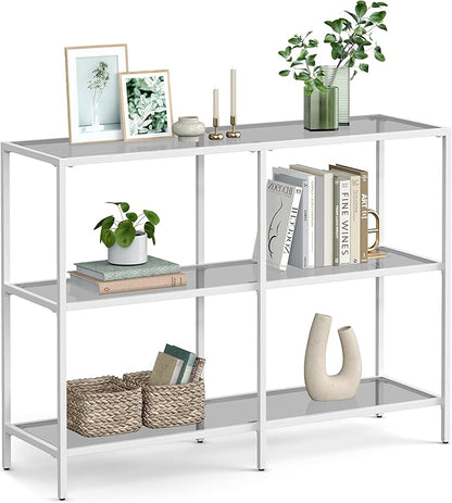 VASAGLE 39.4 Inch Console Table with 3 Shelves, Sofa Tables, Modern Entryway Table, Metal Frame, Tempered Glass Shelf, Entryway Living Room Bedroom, Pearl White and Slate Gray ULGT027W01