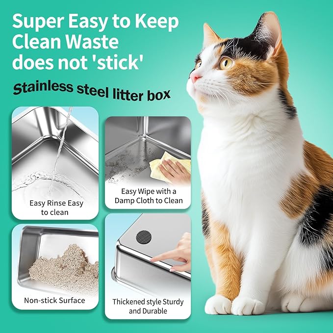 XL Cat Litter Box,24" Stainless Steel Litter Box,Large Big Cats,Extra Large Kitty 17" High Wall Sides Enclosure,Non-Sticky Easy Cleaning,Include Litter Scoop-Mewly Pet