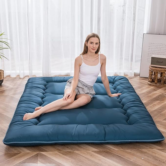 MAXYOYO Japanese Floor Mattress Futon Mattress, Thicken Sleeping Pad Foldable Roll Up Floor Futon for Adults Tatami Mat Dormitory Bed Lounger, Bluestone, Queen Size