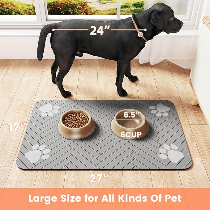 Pet Feeding Mat-Absorbent Pet Placemat for Food and Water Bowl, with Waterproof Rubber Backing, Quick Dry Water Dispenser Mat for Dog and Cat (16"x24", Striped Light Gray)-Mewly Pet