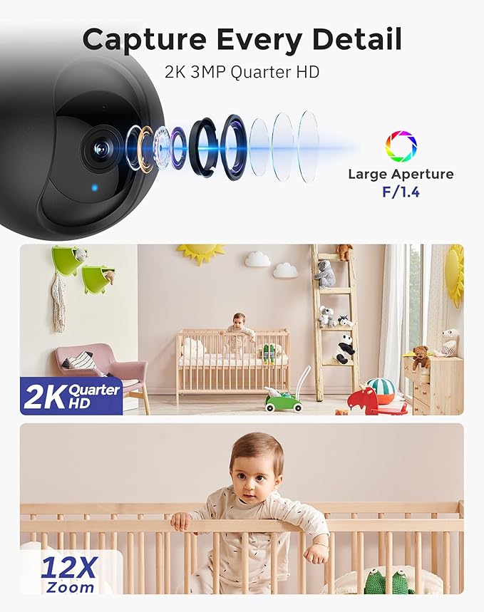 Hugolog 2K 3MP Indoor Pan/Tilt Security Camera with Auto-Focus,Ideal for Baby Monitor/Pet Camera/Home Security,Starlight Color Night Vision,Human/Pet AI,US Cloud,Compatible with Alexa-Mewly Pet
