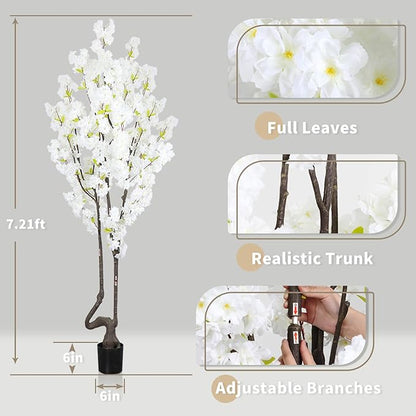 7.2 ft White Artificial Cherry Blossom Tree for Home Decor, Nearly Nature Faux Silk Flower Tree Indoor, Fake Realistic White Flowering Plant for Living Room Wedding Office Decorations