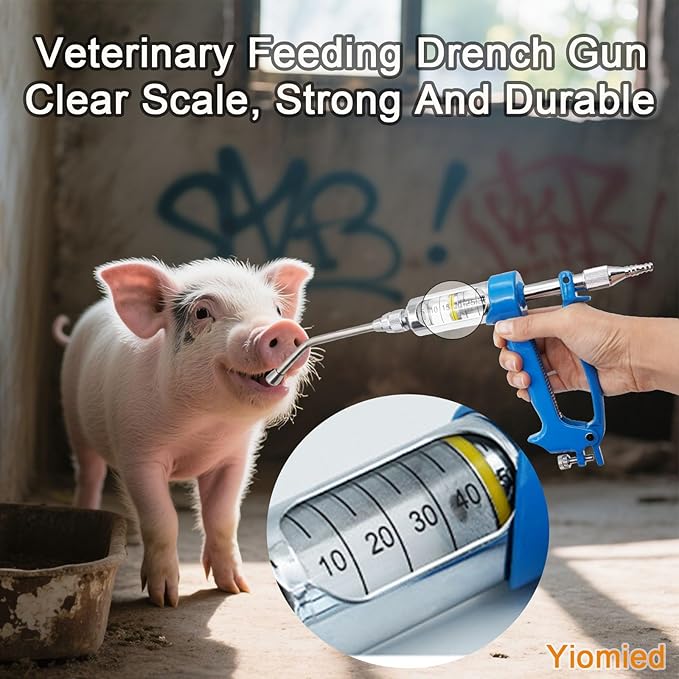 50ML Veterinary Metal Feeding Gun, Continuous Drench Gun Dosing Device Veterinary Adjustable Medicine Dispenser Husbandry Autonomous Feeding Tool, for Pig Cow, Sheep, Horse (Blue, 50ML+Kettle)-Mewly Pet