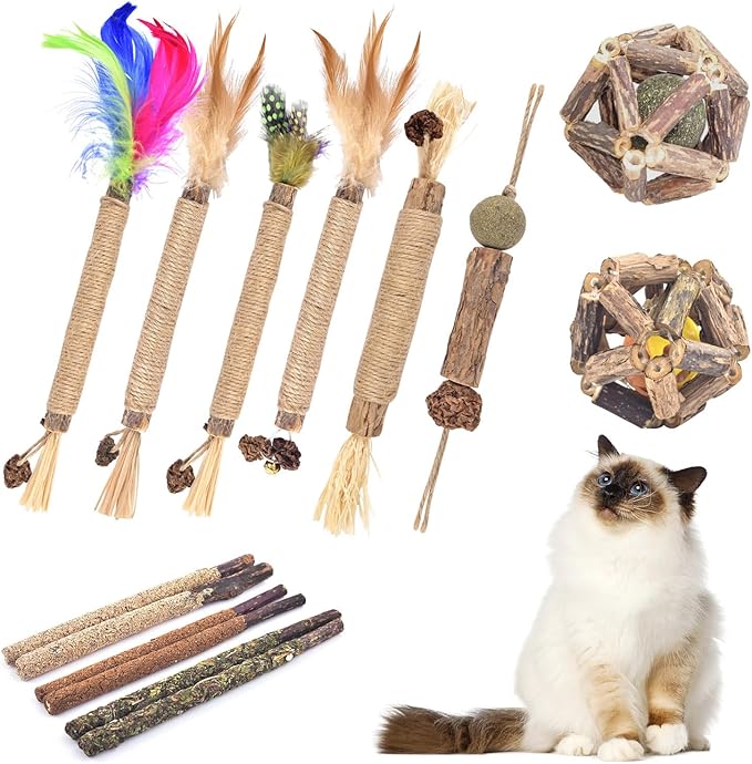 TINDTOP Cat Chew Toys, 12 Pack Silvervine Chew Sticks with 2 Pack Cage Balls for Kittens Teeth Cleaning, Matatabi Dental Care, Increase Appetite, Aggressive Chewers Cat Dental Toy-Mewly Pet