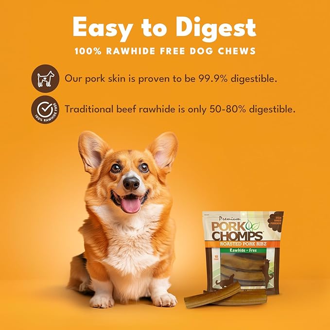 Pork Chomps Roasted Pork Skin Dog Chews, 6-inch Rib Shapes, 10 Count (Pack of 2)-Mewly Pet